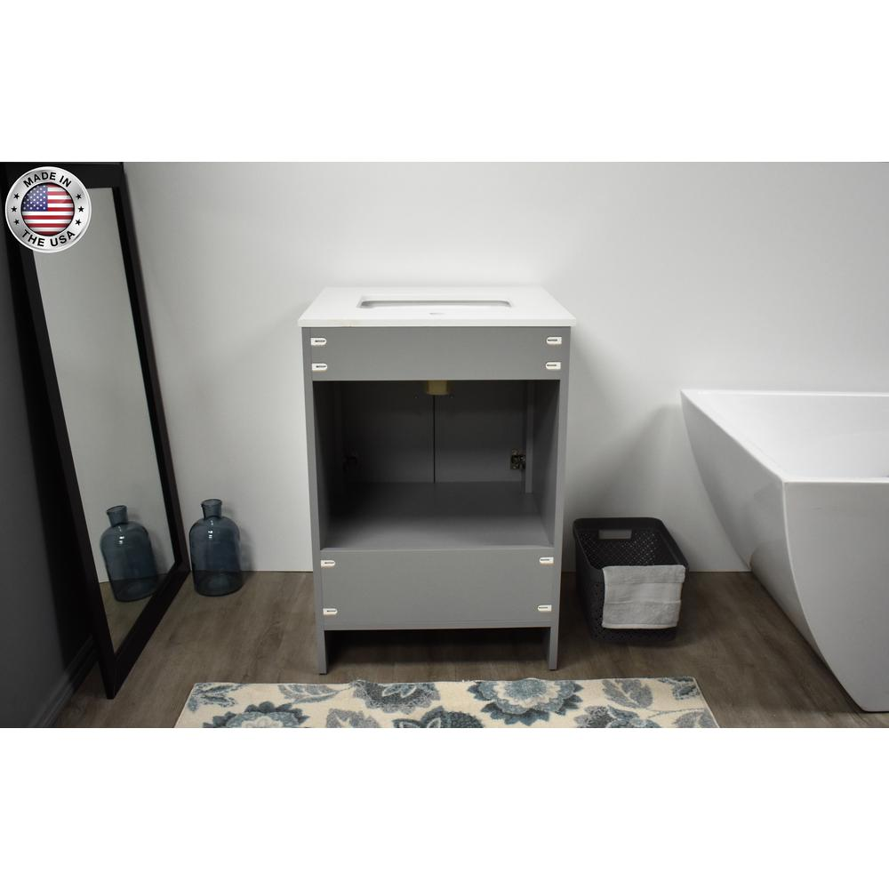 Capri 24" Modern Bathroom Vanity in Grey with White Microstone Top w/ Preinstalled Undermount Sink and Brushed Nickel Edge Handles