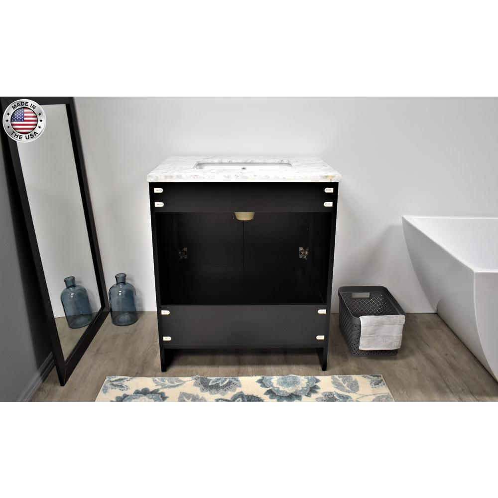 Capri 36" Modern Bathroom Vanity in Black with Carrara Marble top w/ Preinstalled Undermount Sink and Brushed Nickel Edge Handles