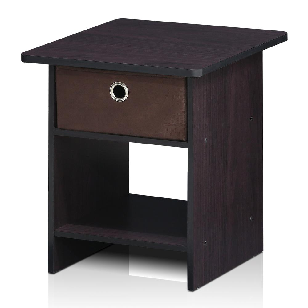 Furinno 10004DWN End Table/ Night Stand Storage Shelf with Bin Drawer, Dark Walnut