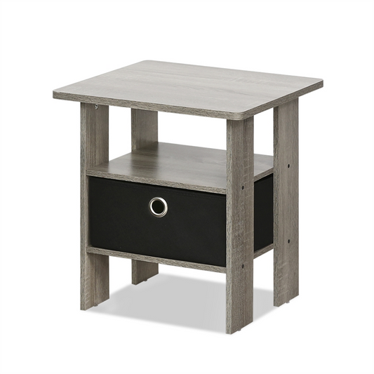 End Table Bedroom Night Stand w/Bin Drawer, French Oak Grey/Black