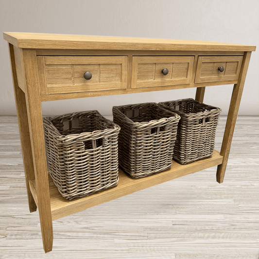 Glen Cove 40" Three Drawer Console Table with Rattan Storage Baskets in Bisque Light Brown