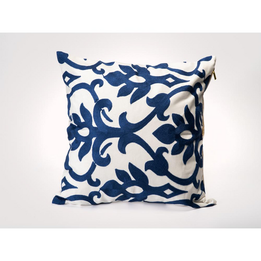 Embroidered Throw Pillow 20" Paisley Pattern Blue and White