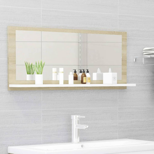 vidaXL Bathroom Mirror White and Sonoma Oak 35.4"x4.1"x14.6" Chipboard, 804585