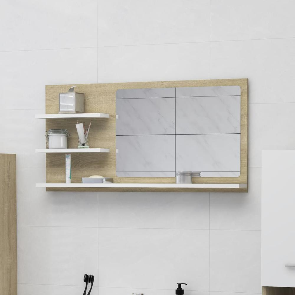 vidaXL Bathroom Mirror White and Sonoma Oak 35.4"x4.1"x17.7" Chipboard, 805020