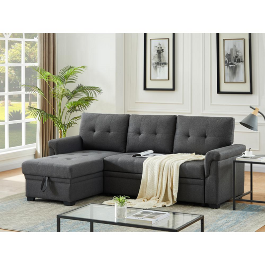 Lucca Light Gray Linen Reversible Sleeper Sectional Sofa with Storage Chaise