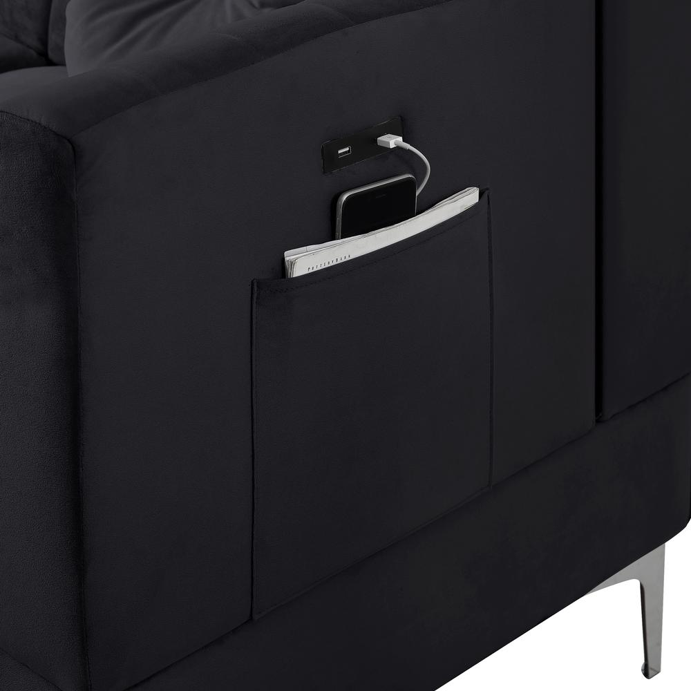 Chloe Black Velvet Sectional Sofa Chaise with USB Charging Port