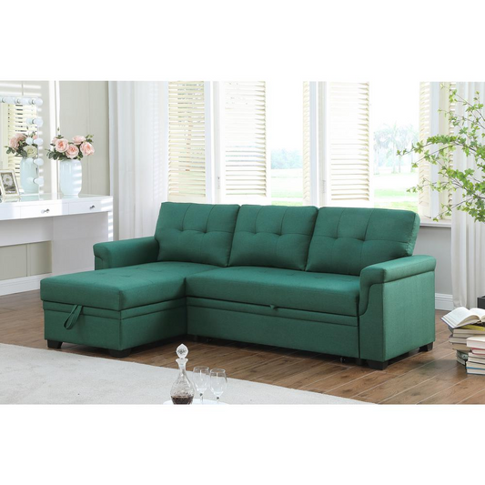 Lucca Green Linen Reversible Sleeper Sectional Sofa with Storage Chaise