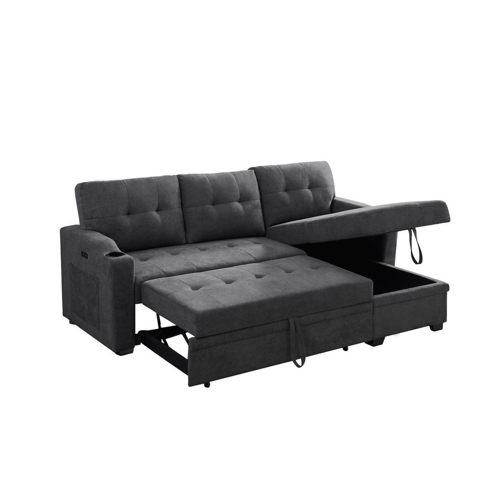 Mabel Dark Gray Woven Fabric Sleeper Sectional with cupholder, USB charging port and pocket