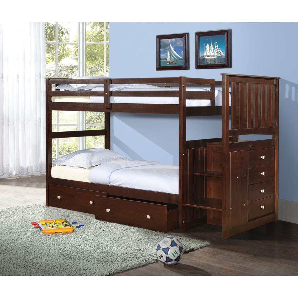 Twin/Twin Mission Stairway Bunk Bed W/Dual Under Bed Drawers