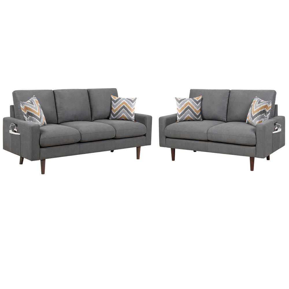 Abella Mid-Century Modern Dark Gray Woven Fabric Sofa and Loveseat Living Room Set with USB Charging Ports & Pillows