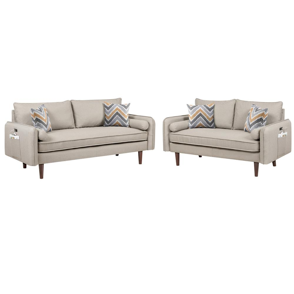 Mia Mid-Century Modern Gray Linen Sofa and Loveseat Living Room Set with USB Charging Ports & Pillows