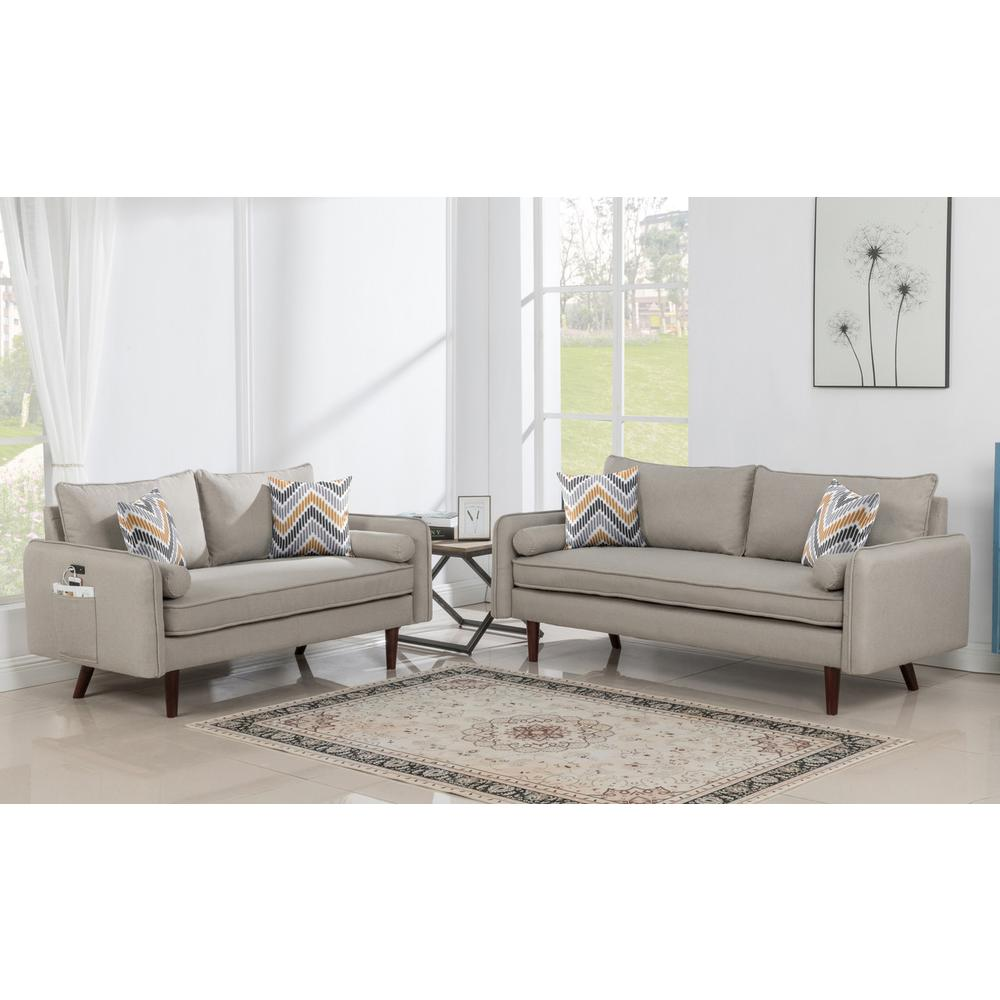 Mia Mid-Century Modern Gray Linen Sofa and Loveseat Living Room Set with USB Charging Ports & Pillows