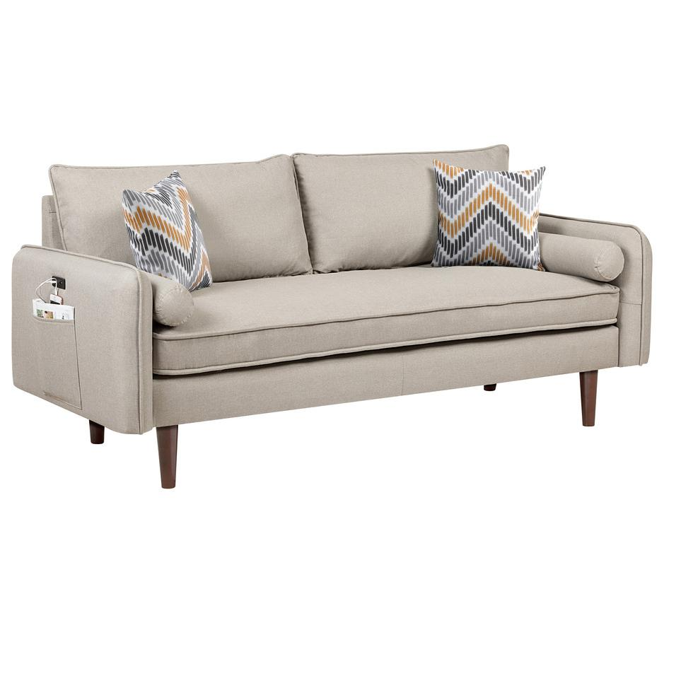 Mia Mid-Century Modern Gray Linen Sofa and Loveseat Living Room Set with USB Charging Ports & Pillows