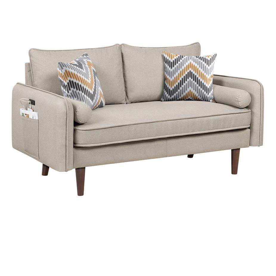 Mia Mid-Century Modern Gray Linen Sofa and Loveseat Living Room Set with USB Charging Ports & Pillows