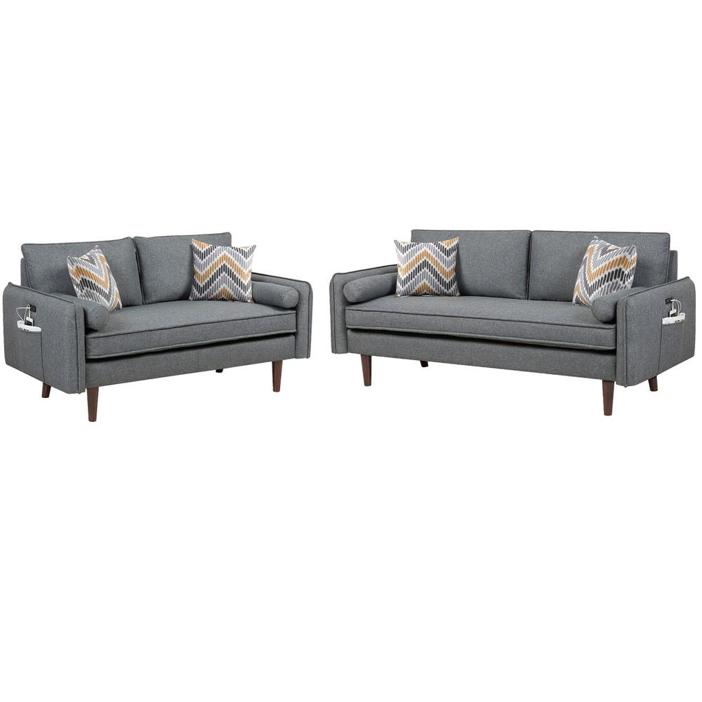 Mia Mid-Century Modern Gray Linen Sofa and Loveseat Living Room Set with USB Charging Ports & Pillows