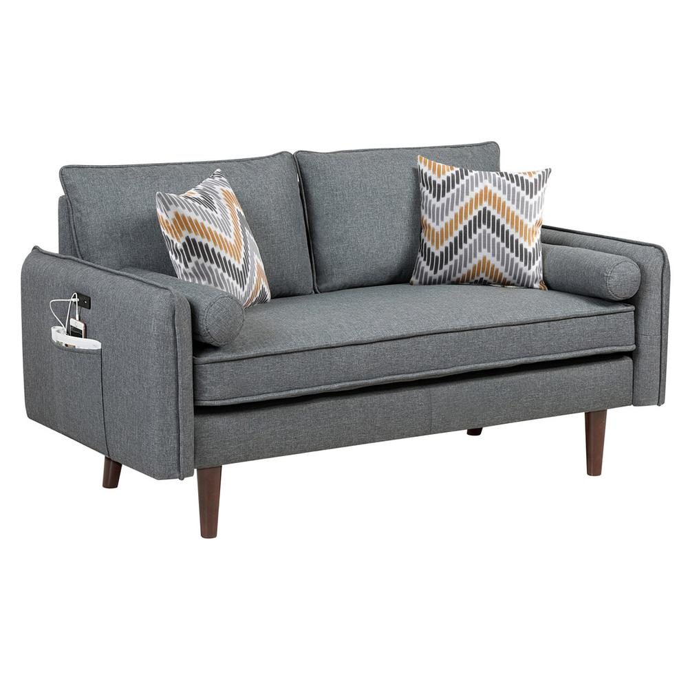 Mia Mid-Century Modern Gray Linen Sofa and Loveseat Living Room Set with USB Charging Ports & Pillows