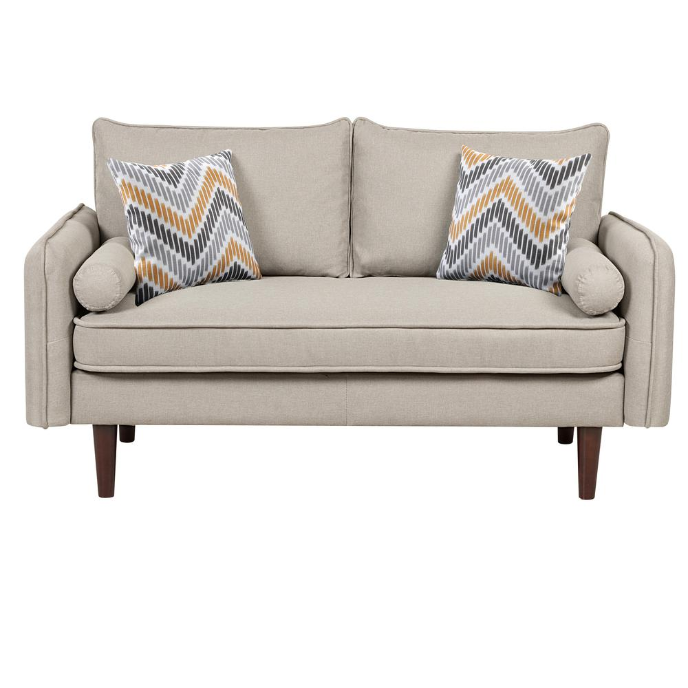Mia Mid-Century Modern Beige Linen Loveseat Couch with USB Charging Ports & Pillows