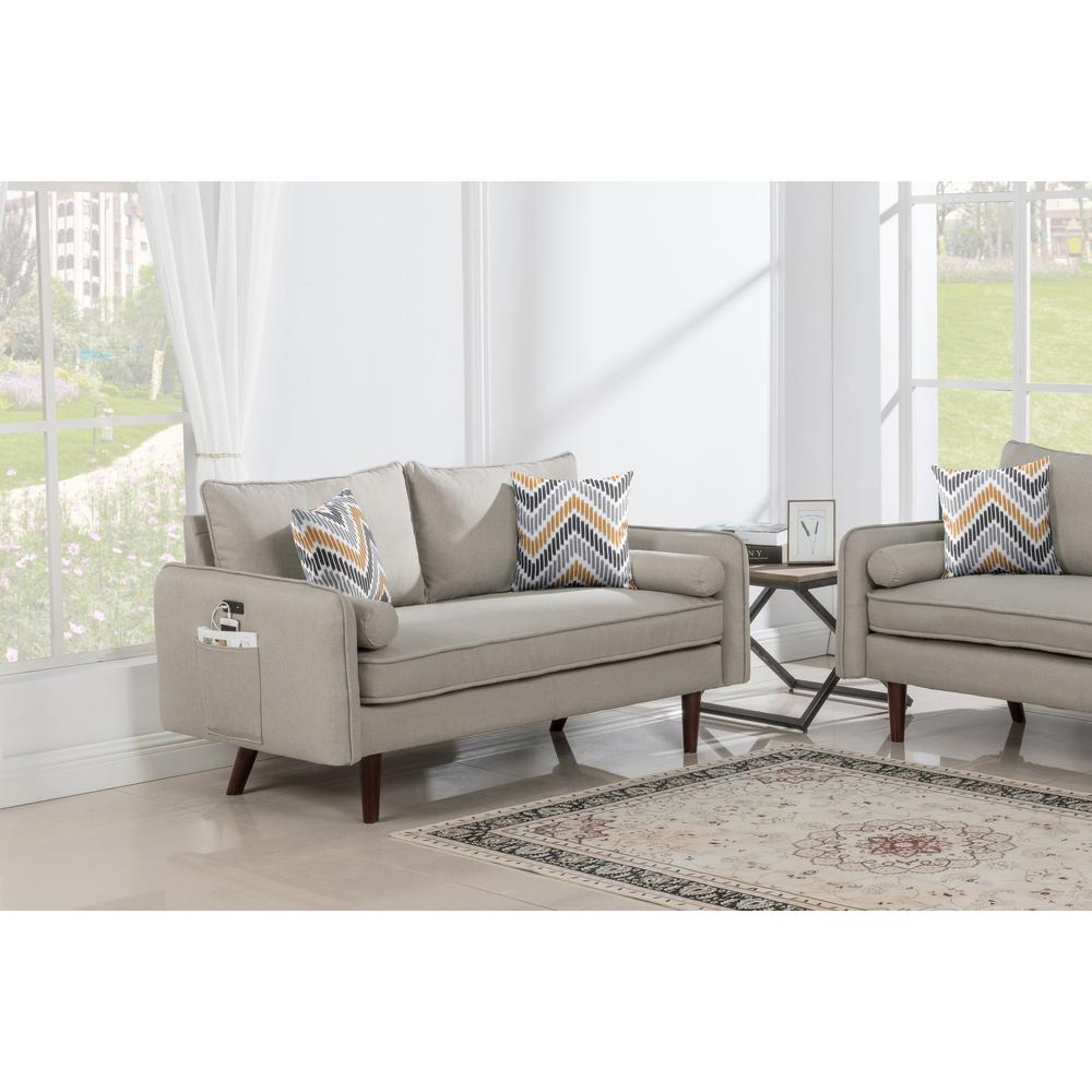 Mia Mid-Century Modern Beige Linen Loveseat Couch with USB Charging Ports & Pillows