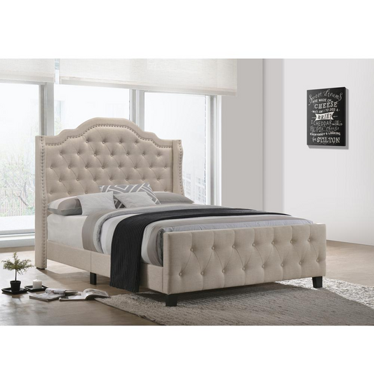 Beige Linen Tufted Panel Bed - Full