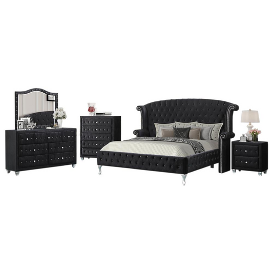 Emma Black Crushed Velvet 5-piece Bedroom Set, Queen