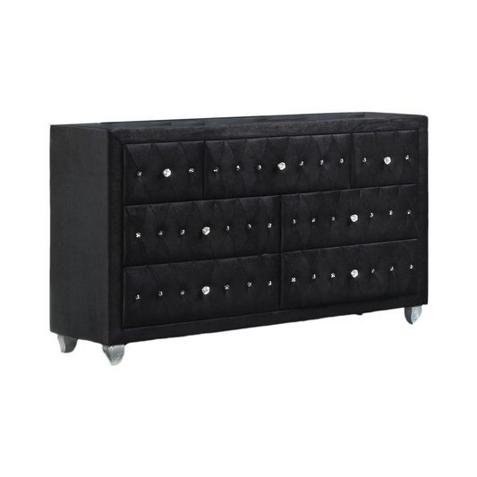 Emma Black Crushed Velvet with Crystal-like studs 7 Drawer Dresser