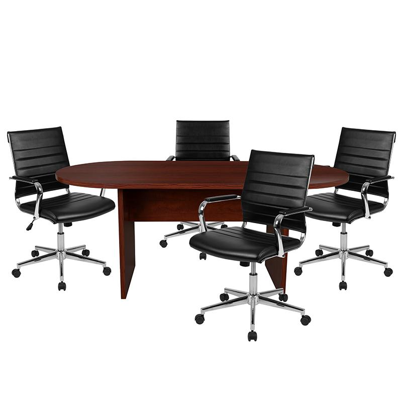 5 Piece Mahogany Oval Conference Table Set with 4 Black LeatherSoft Ribbed Executive Chairs