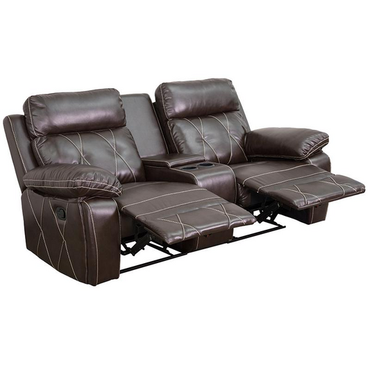 Reel Comfort Series 2-Seat Reclining Brown LeatherSoft Theater Seating Unit with Straight Cup Holders