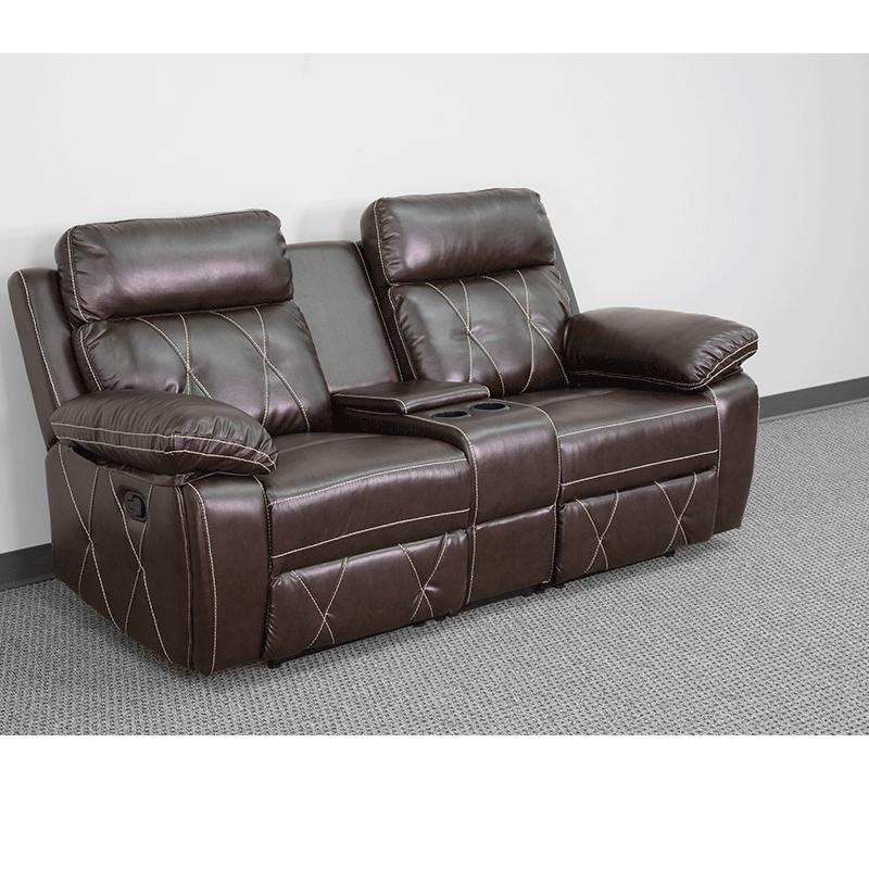 Reel Comfort Series 2-Seat Reclining Brown LeatherSoft Theater Seating Unit with Straight Cup Holders