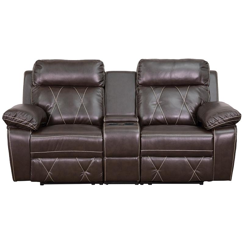 Reel Comfort Series 2-Seat Reclining Brown LeatherSoft Theater Seating Unit with Straight Cup Holders