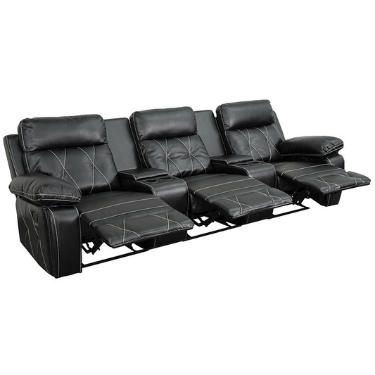 Reel Comfort Series 3-Seat Reclining Black LeatherSoft Theater Seating Unit with Straight Cup Holders