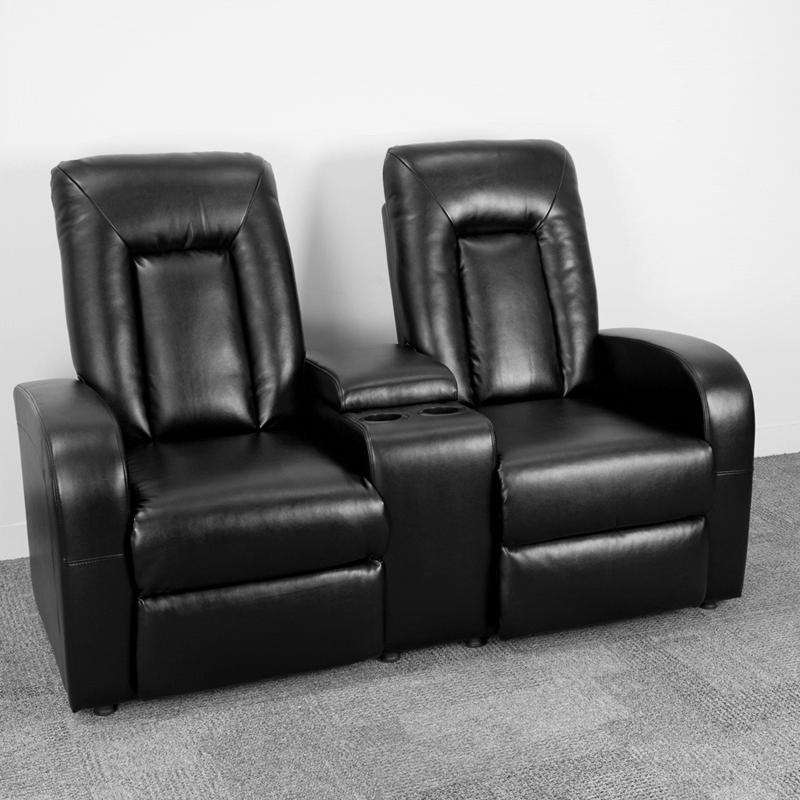 Eclipse Series 2-Seat Push Button Motorized Reclining Black LeatherSoft Theater Seating Unit with Cup Holders