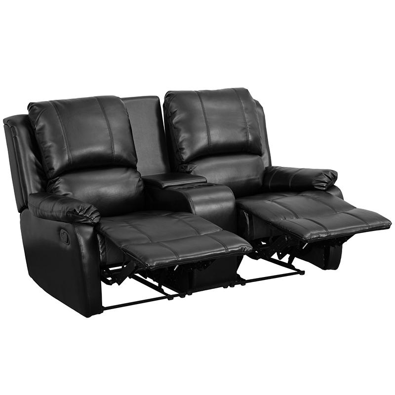 Allure Series 2-Seat Reclining Pillow Back Black LeatherSoft Theater Seating Unit with Cup Holders