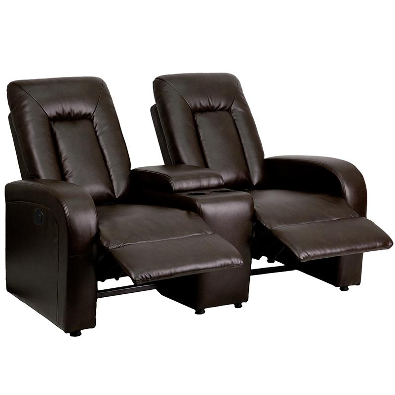 Eclipse Series 2-Seat Push Button Motorized Reclining Brown LeatherSoft Theater Seating Unit with Cup Holders