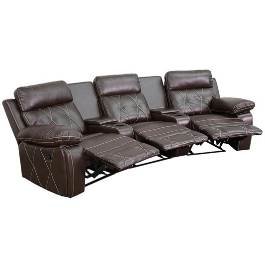 Reel Comfort Series 3-Seat Reclining Brown LeatherSoft Theater Seating Unit with Curved Cup Holders