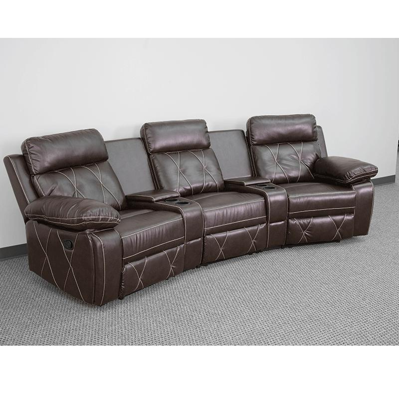 Reel Comfort Series 3-Seat Reclining Brown LeatherSoft Theater Seating Unit with Curved Cup Holders