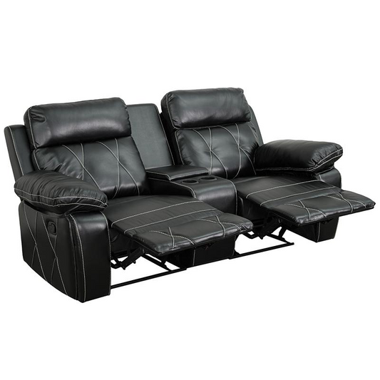 Reel Comfort Series 2-Seat Reclining Black LeatherSoft Theater Seating Unit with Straight Cup Holders