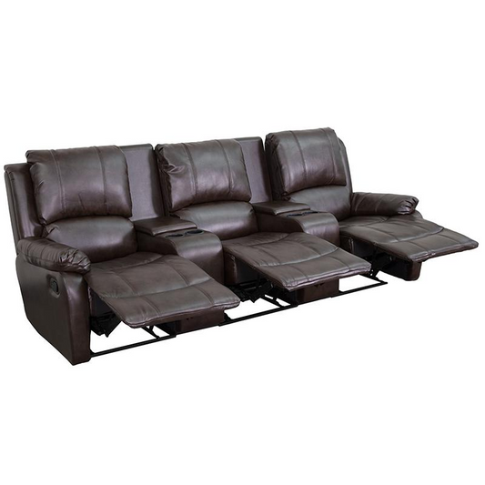 Allure Series 3-Seat Reclining Pillow Back Brown LeatherSoft Theater Seating Unit with Cup Holders