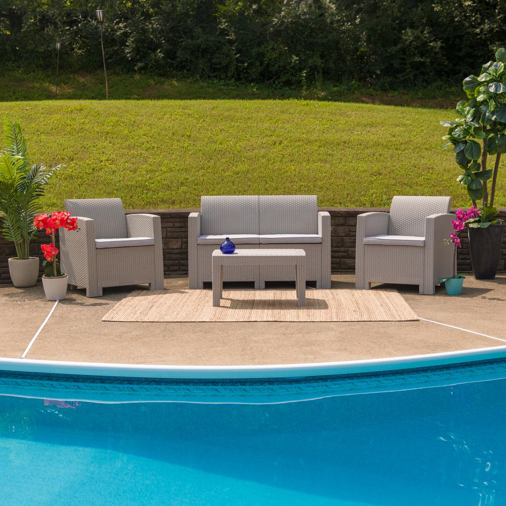 4 Piece Outdoor Faux Rattan Chair, Loveseat and Table Set in Light Gray