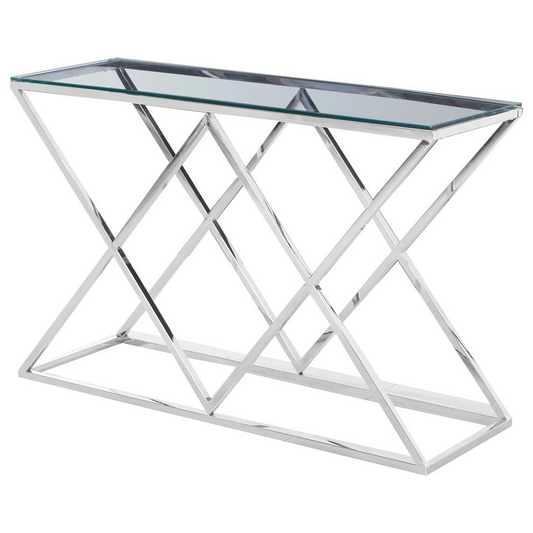 Angled Stainless Steel Clear Glass Sofa Table