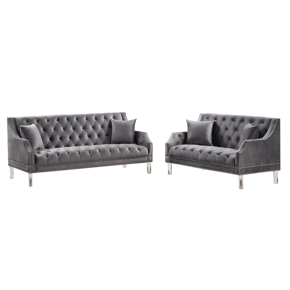 Tao Tufted Velvet with Acrylic Legs Sofa and Loveseat Set in Gray