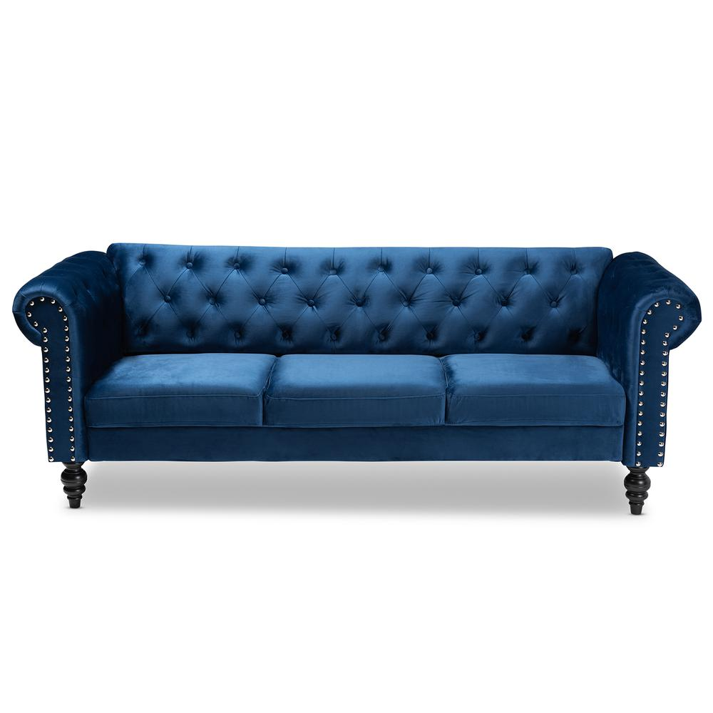 Baxton Studio Emma Traditional and Transitional Navy Blue Velvet Fabric Upholstered and Button Tufted Chesterfield Sofa