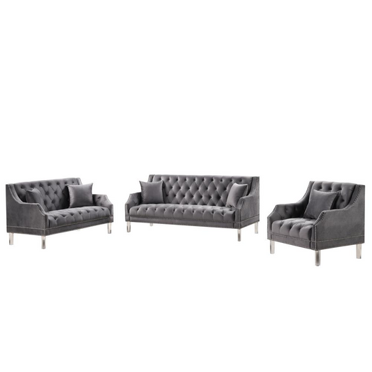 Tao Tufted Velvet with Acrylic Legs Living Room Set in Gray