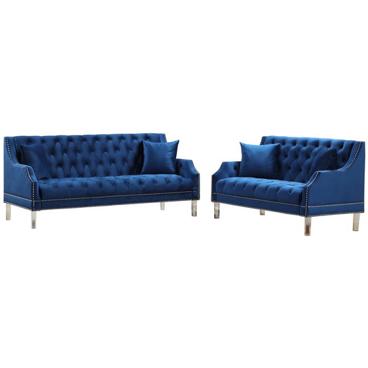 Tao Tufted Velvet with Acrylic Legs Sofa and Loveseat Set in Blue