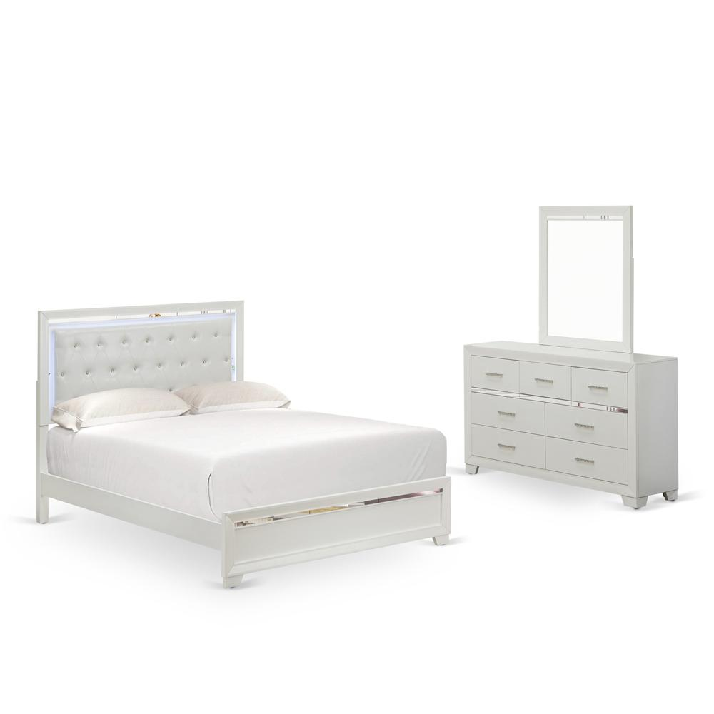 East West Furniture PA05-QDM000 Pandora 3 Pc Wooden Queen Bedroom Set with a Bed Frame 1 Bedroom Dressers and 1 Bedroom Mirror - White Finish