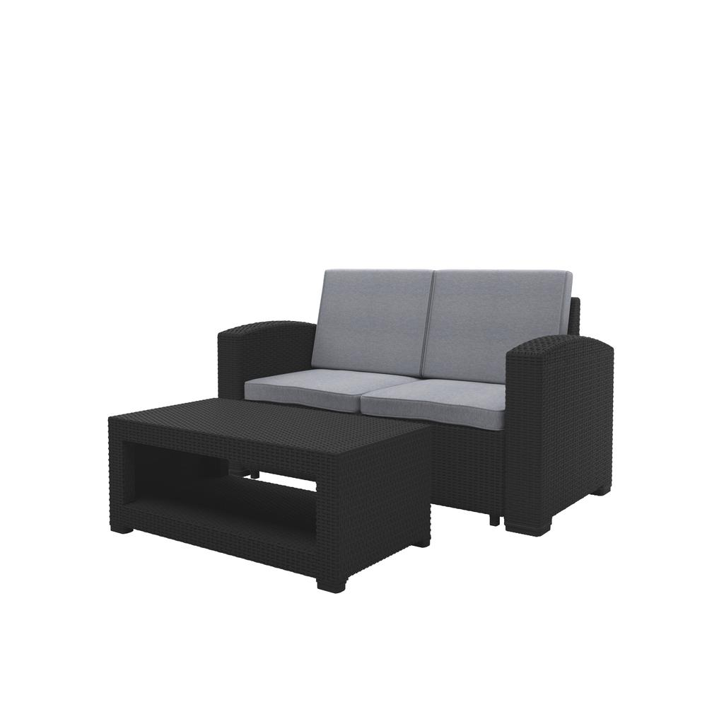 All-Weather Black Loveseat Patio Set with Light Grey Cushions