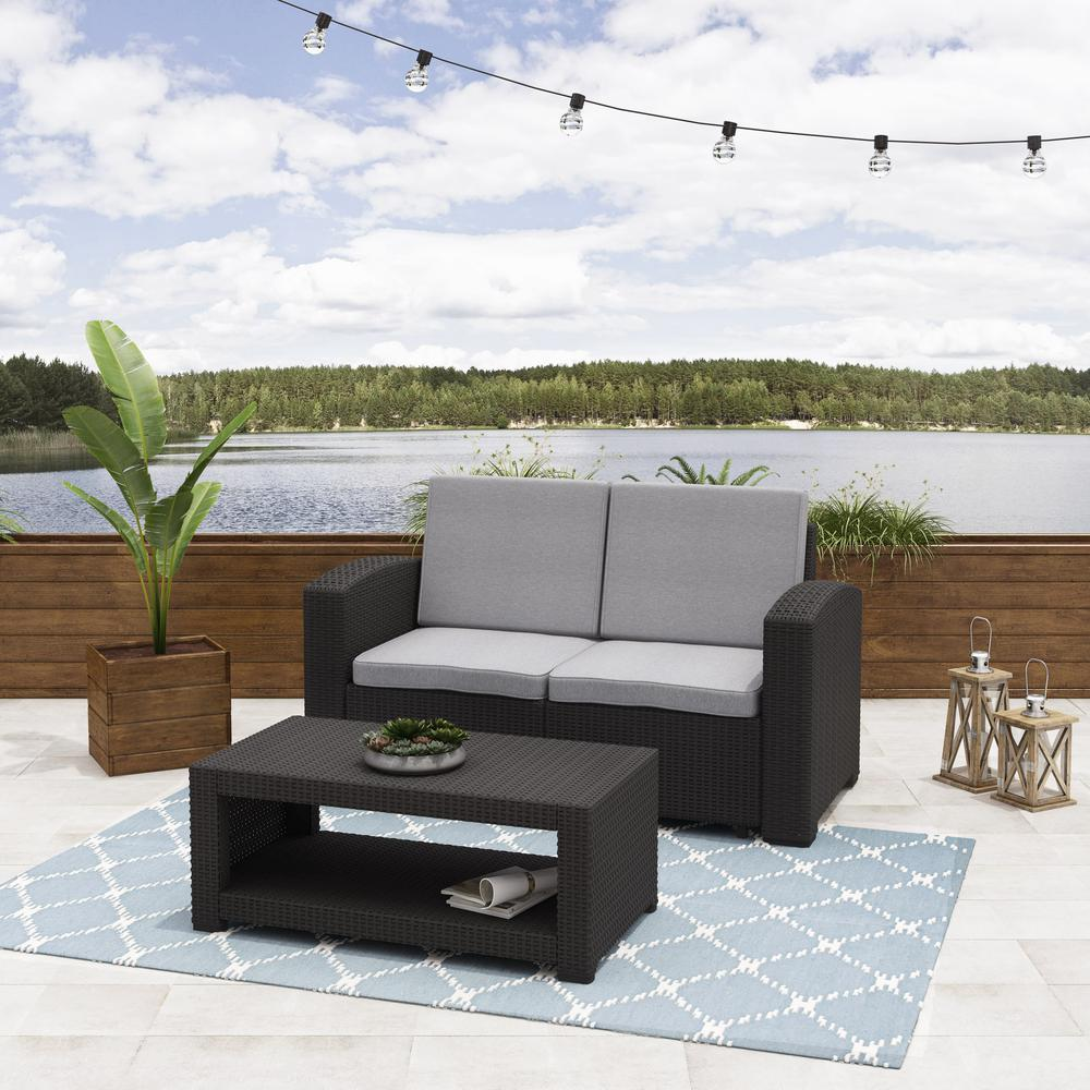 All-Weather Black Loveseat Patio Set with Light Grey Cushions