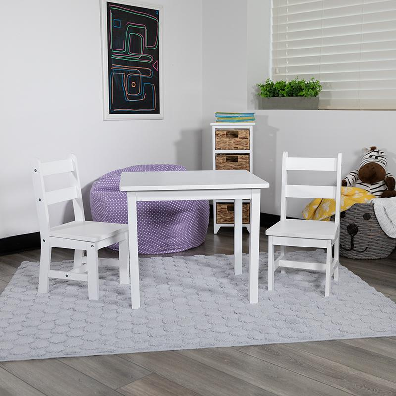 Kids Solid Hardwood Table and Chair Set for Playroom, Bedroom, Kitchen - 3 Piece Set - White