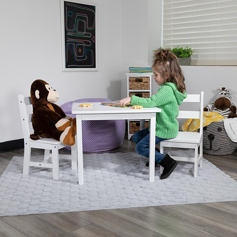 Kids Solid Hardwood Table and Chair Set for Playroom, Bedroom, Kitchen - 3 Piece Set - White