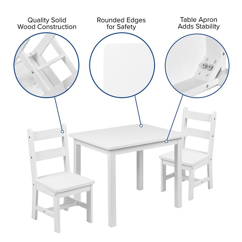 Kids Solid Hardwood Table and Chair Set for Playroom, Bedroom, Kitchen - 3 Piece Set - White