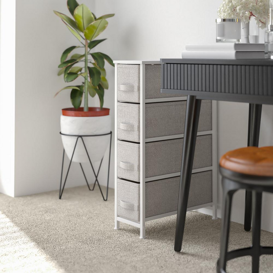 4 Drawer Slim Wood Top White Cast Iron Frame Vertical Storage Dresser with Light Gray Easy Pull Fabric Drawers